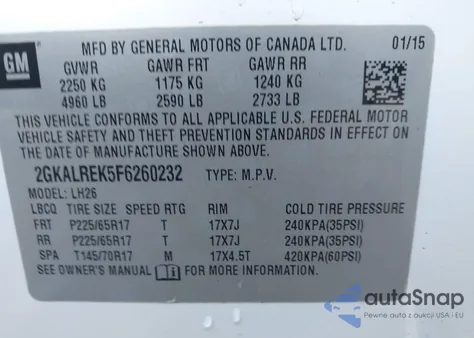 2015 GMC Terrain Sle-2 z USA, uszkodzony, nr VIN 2GKALREK5F6260232